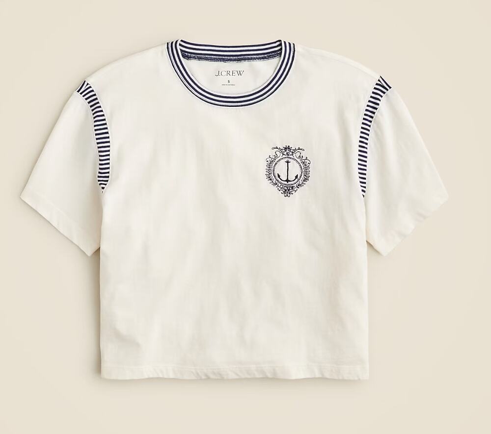 J. Crew Anchor Crest Short Sleeve T Shirt with Striped Trim Cream White XL